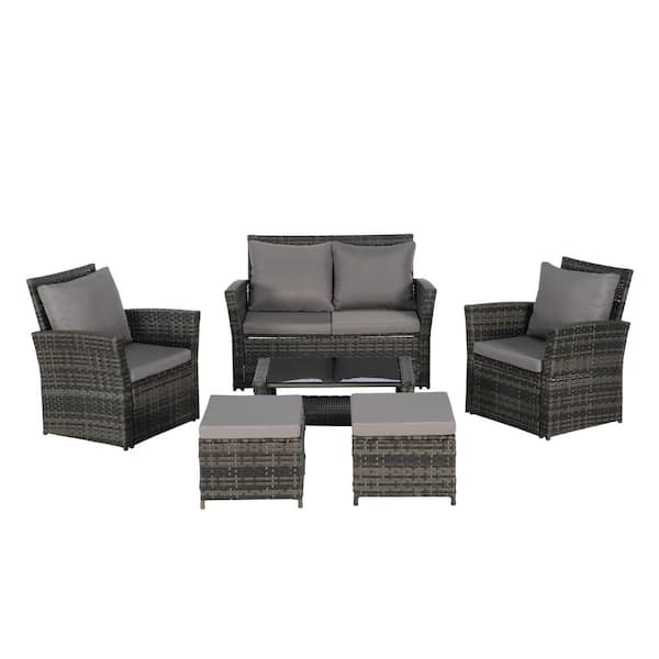 Unbranded 6-Piece Wicker Patio Conversation Sets with Dark Gray Cushions Ottoman and Tempered Glass Coffee Table