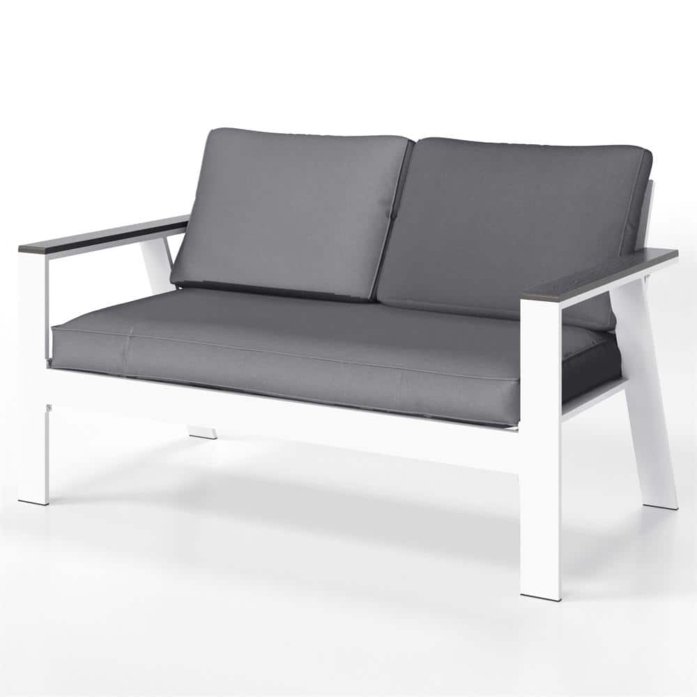 White Aluminum Outdoor Double Patio Lounge Chairs Sofa Couch With Wood Grai