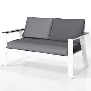White Aluminum Outdoor Double Patio Lounge Chairs Sofa Couch With Wood Grain Finish Arm and Gray Cushion
