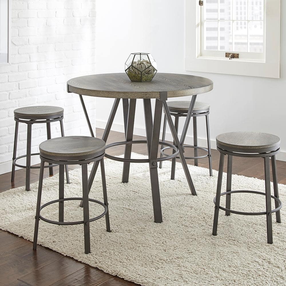 Gray Metal and Wood Swivel Backless Counter Stool, Set of 2