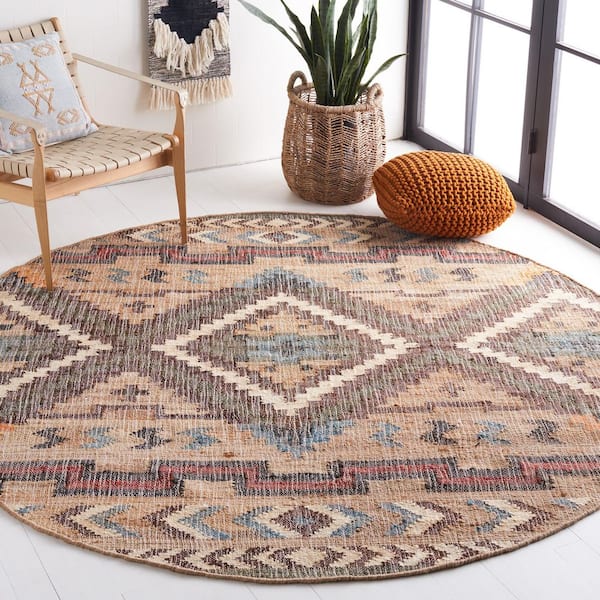 Kilim 7 ft. x 7 ft. Natural/Blue Geometric Round Rug