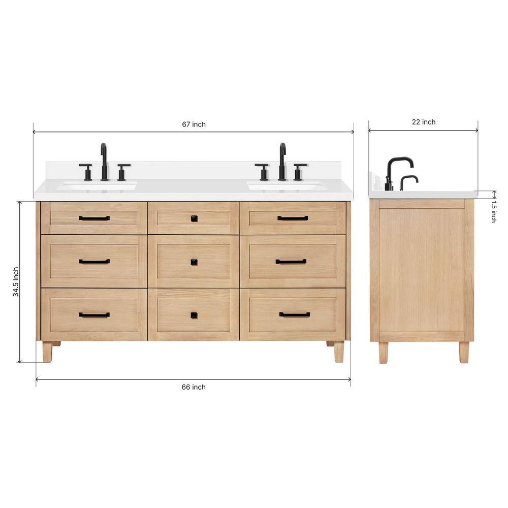 Monroe 67" Light Oak Double Vanity with White Quartz Top