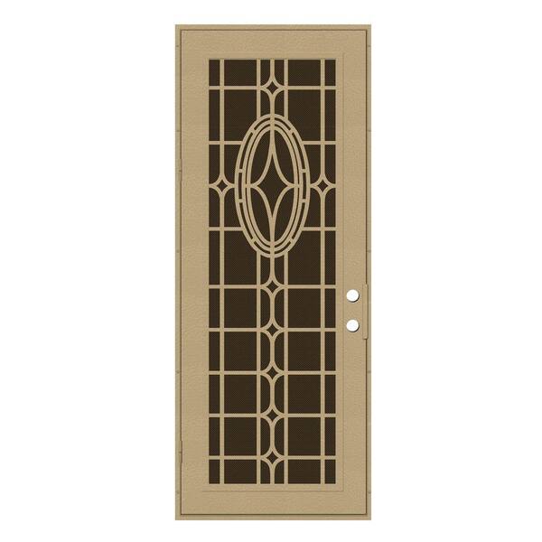 Unique Home Designs 36 in. x 96 in. Modern Cross Desert Sand Left-Hand Surface Mount Aluminum Security Door with Brown Perforated Screen