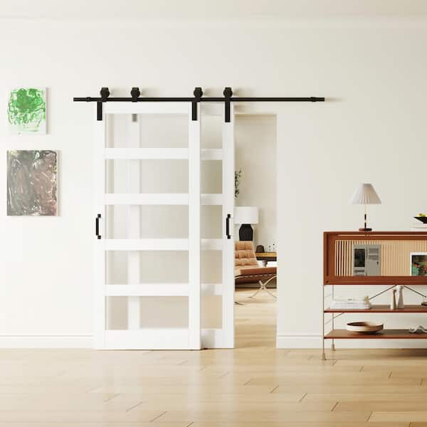72 in. x 84 in. (Double 36 in. Doors) Frosted Glass, White, MDF, Painted, Double 5-Lite Sliding Barn Door Hardware Kit