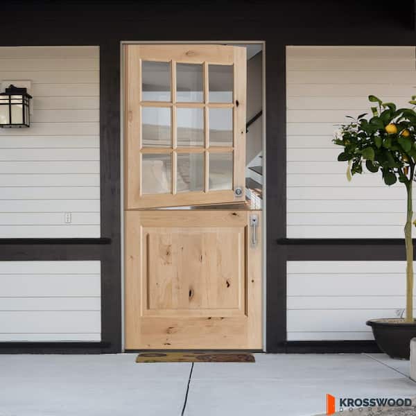 36 in. x 80 in. Farmhouse Knotty Alder Left-Hand/Inswing 9 Lite Clear Glass Unfinished Dutch Wood Prehung Front Door 36 in. x 80 in. Farmhouse Knotty Alder Left-Hand/Inswing 9 Lite Clear Glass Unfinished Dutch Wood Prehung Front Door