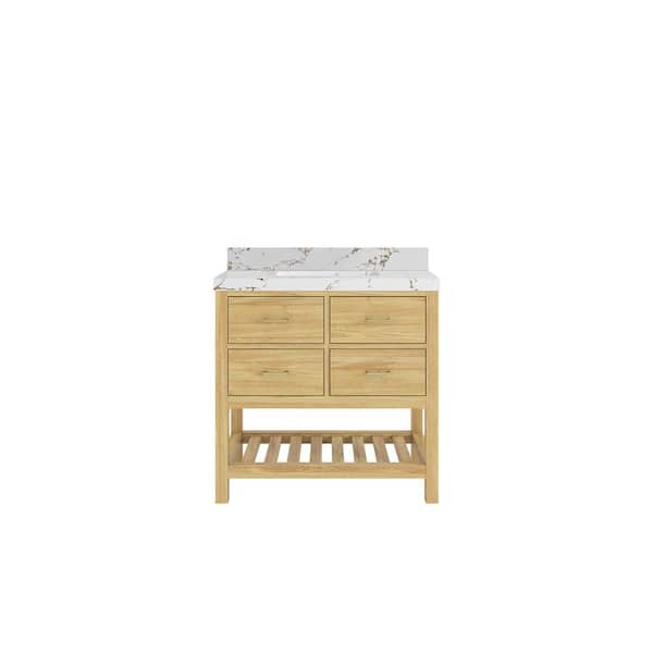 Willow Collections Parker Teak 36 in. Single Sink Freestanding Light Natural Bath Vanity with Viola Brown Qt. Top Unassembled