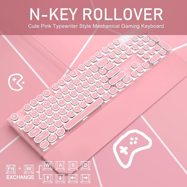OBJLGEV Typewriter Style Mechanical Gaming Keyboard Pink