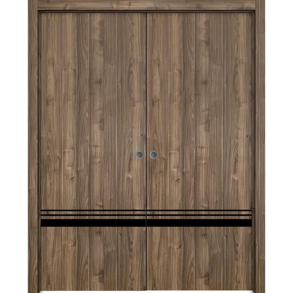 Sartodoors 48 in. x 80 in. 2 Panel Walnut Finished Solid Wood with Honeycomb Sliding Door with Hardware