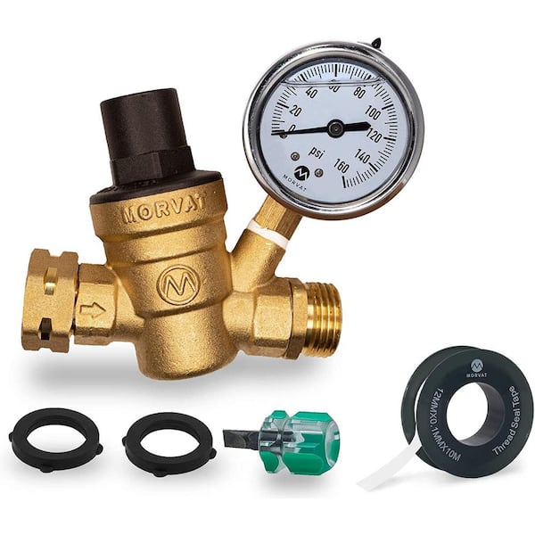 160psi Brass RV Water Pressure Regulator w/Steel Gauge Adjust 3/4" NH Thread 