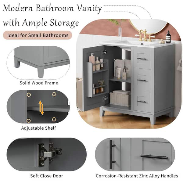 30 in. W x 18 in. D x 34 in. H Single Sink Gray Freestanding Bath Vanity with Ceramic Counter Tops (Unassembled)