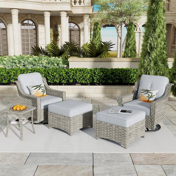 weaxty W Tulip E 5-Piece Wicker Swivel Outdoor Rocking Chairs Patio Conversation Set with Light Gray Cushions