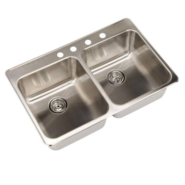 American Standard Prevoir Drop-In Brushed Stainless Steel 33 in. 4-Hole Double Basin Kitchen Sink Kit