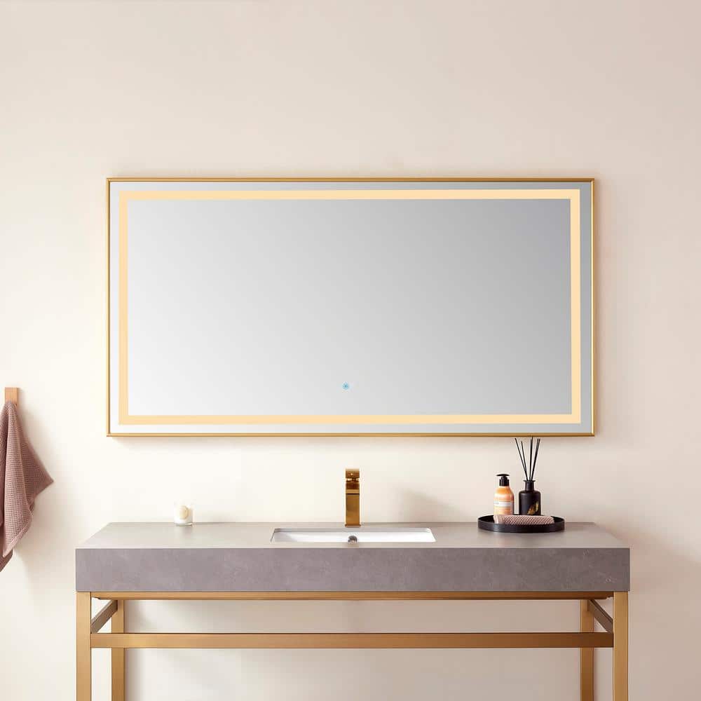 Teruel 60 in. W x 32 in. H Large Rectangular Aluminum Framed LED Wall Bathroom Vanity Mirror in Brushed Gold price history on PriceWatchPro