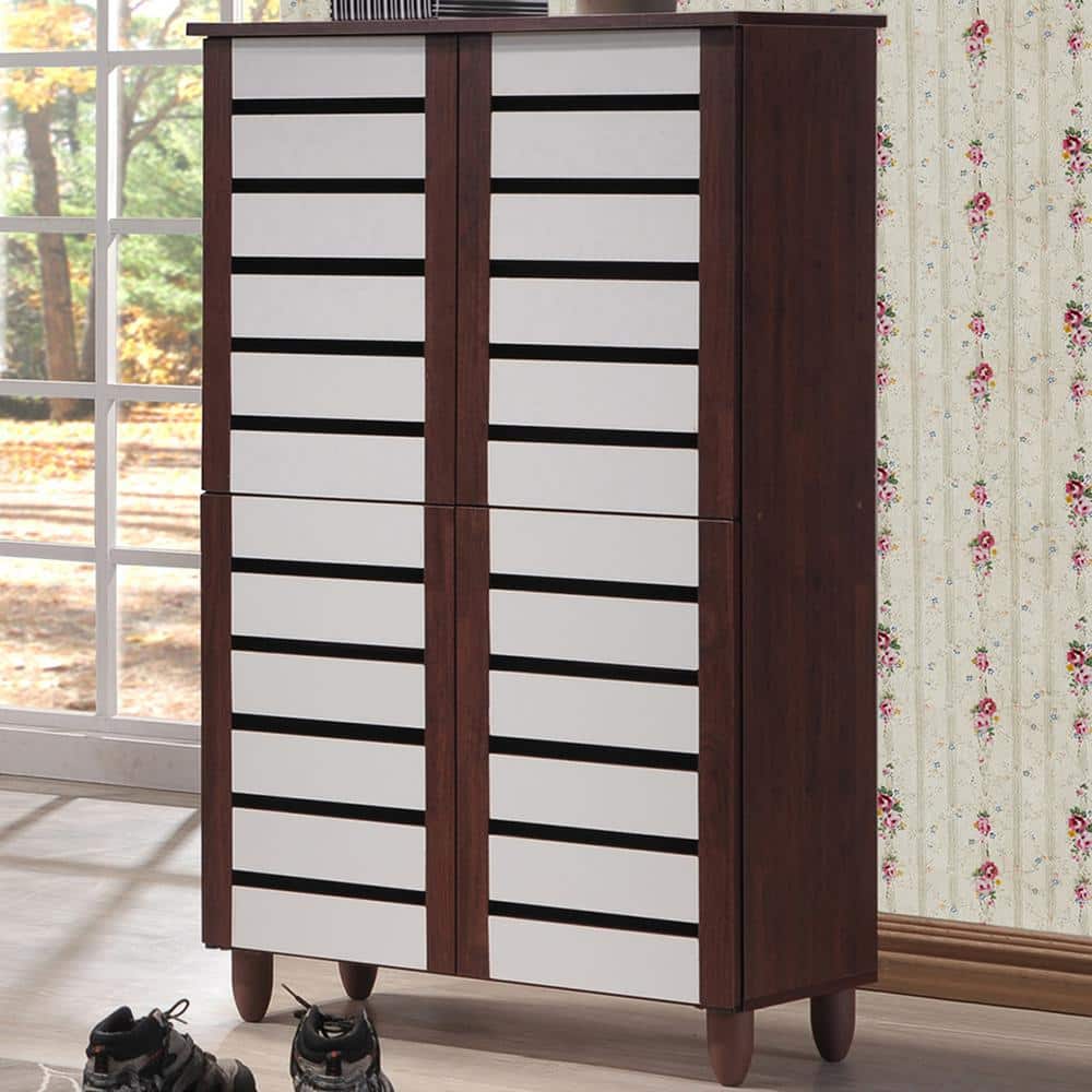 Gisela Tall Dark Oak and White Wood Shoe Cabinet with 4 Doors