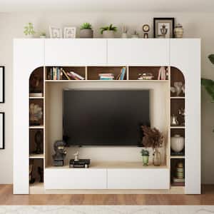 White Wood Entertainment Center Storage Credenza TV Console with Bookshelves, Top Cabinets, Drawers for TVs up to 63 in.