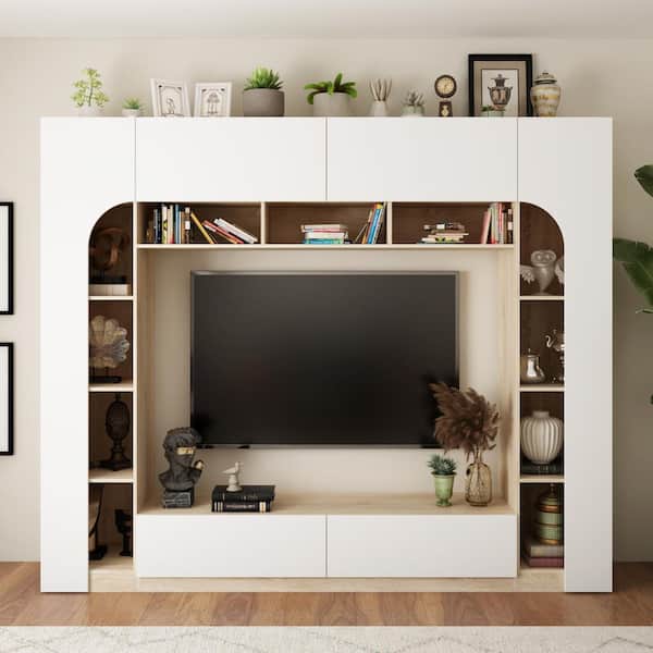 FUFU&GAGA White Wood Entertainment Center Storage Credenza TV Console with Bookshelves, Top Cabinets, Drawers for TVs up to 63 in.
