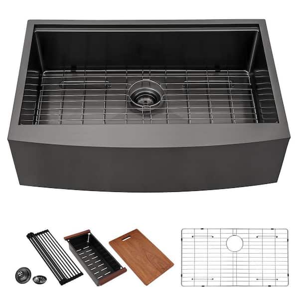 33 in. Single Bowl Farmhouse Apron Gunmetal Black 16-Gauge Stainless Steel Workstation Kitchen Sink with Drain Strainer