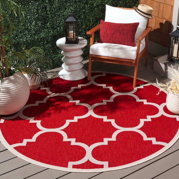 Courtyard Red 4 ft. x 4 ft. Border Clover Indoor/Outdoor Round Area Rug