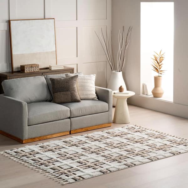Crimson High-Low Plaid Tasseled Ivory 2 ft. x 8 ft. Runner Rug Area Rug
