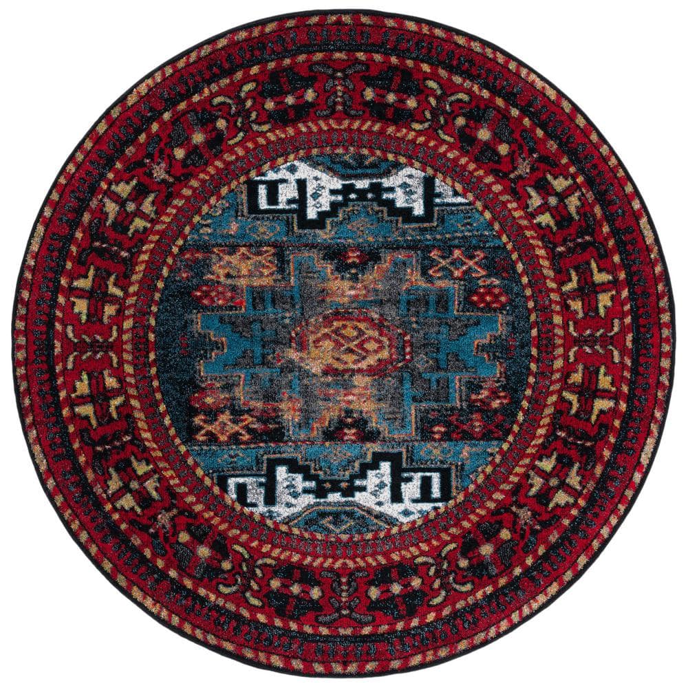 Vintage Red and Blue Round Floral Synthetic Rug