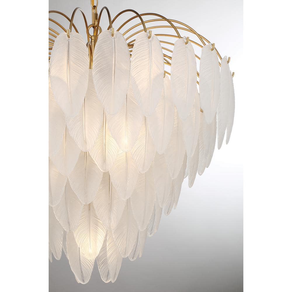 Luxurious Warm Brass 9-Light Chandelier with Frosted Glass Feathers