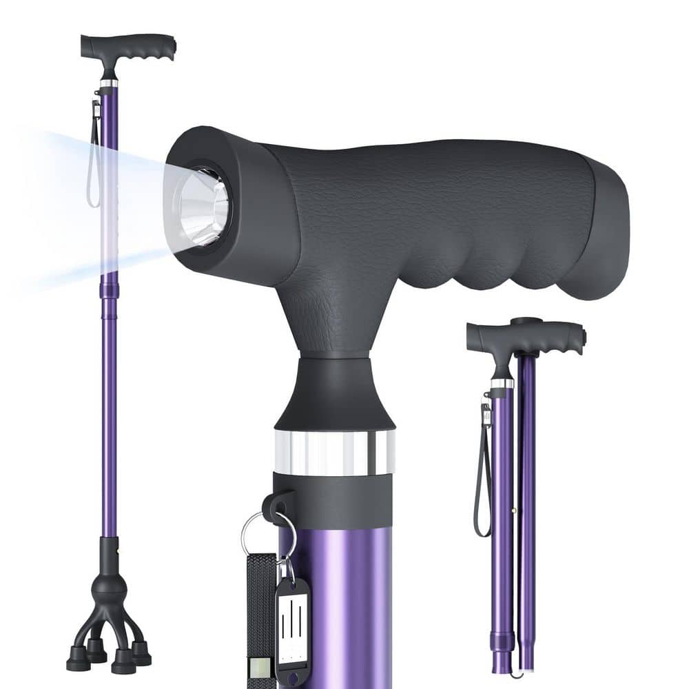 Numhew Purple Adjustable Folding Walking Cane w/ LED Light