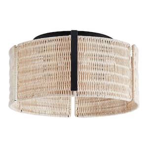 15 in. 3-Light Black Flush Mount Ceiling Light with Rattan Shade and No Bulbs
