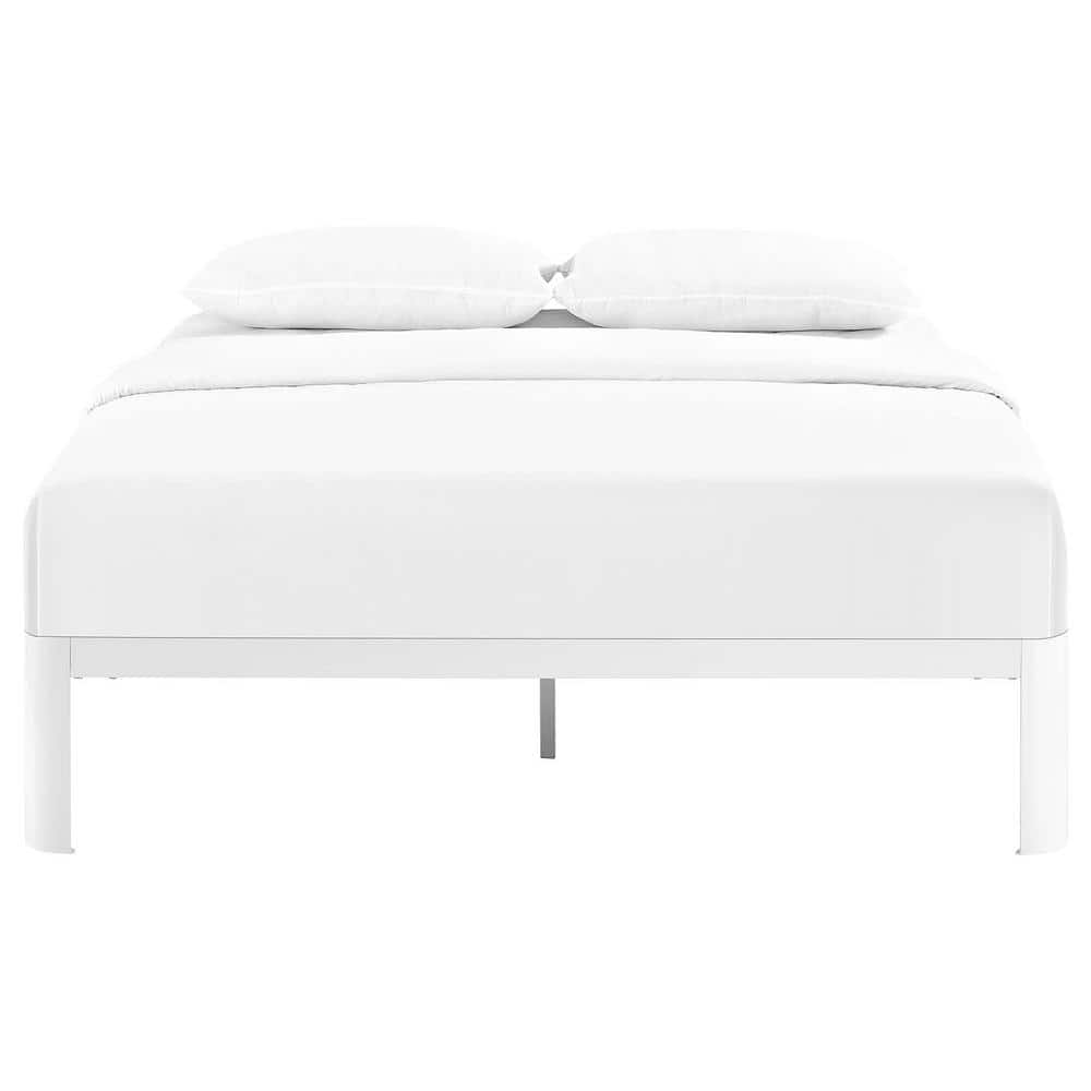 White Full Metal Bed Frame with Wood Slats