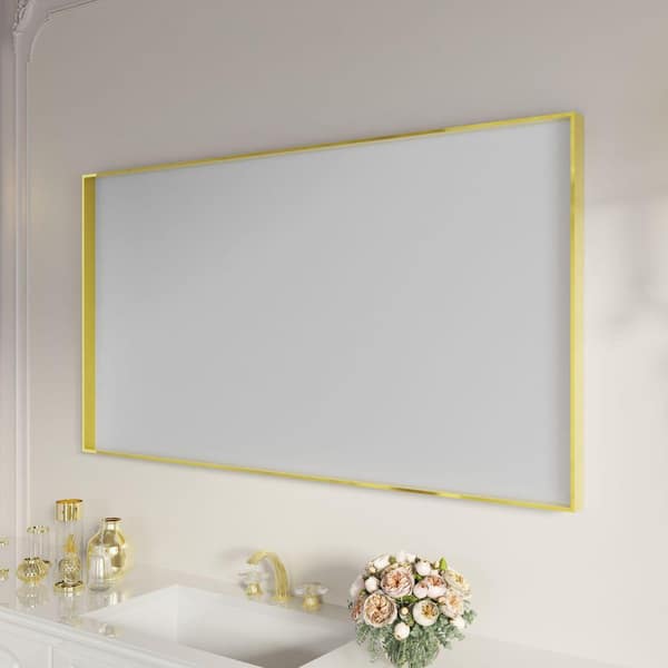 55 in. W x 30 in. H Rectangular Aluminum Framed Wall Bathroom Vanity Mirror in Brushed Gold