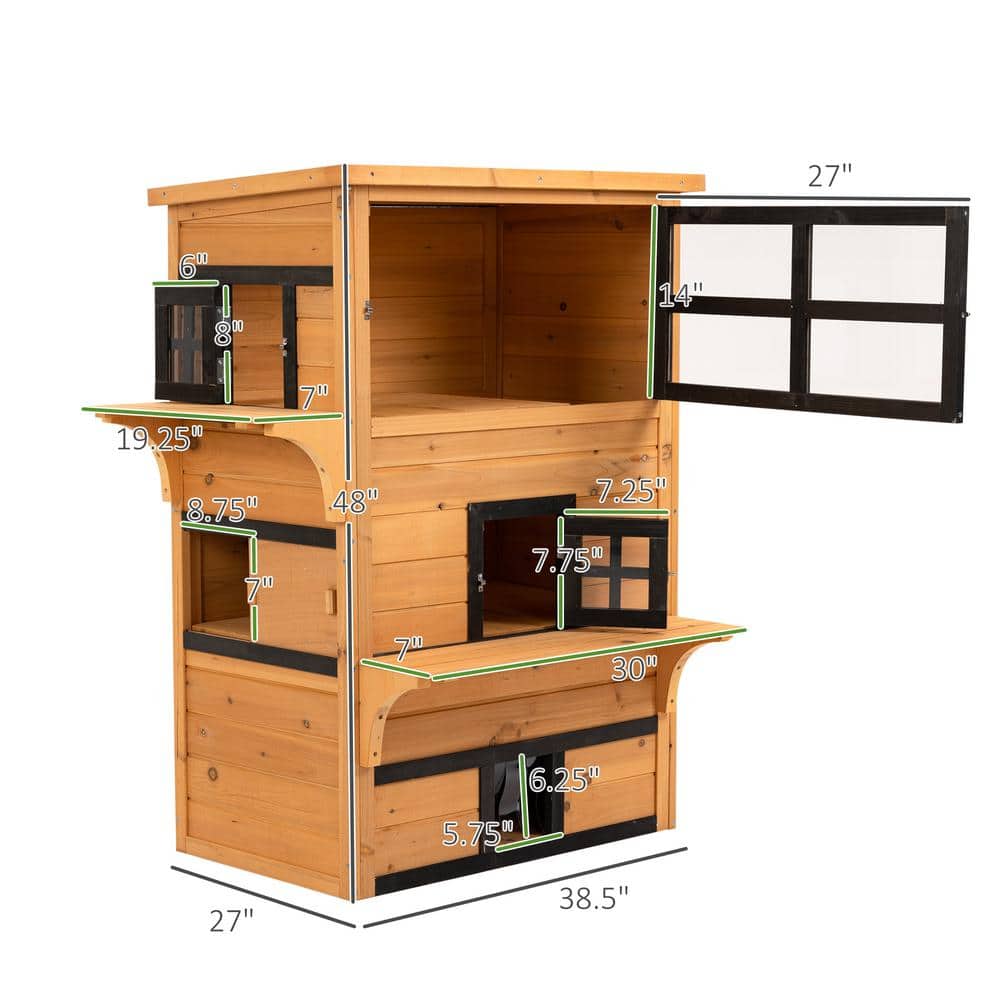 Medium Yellow Wooden 3-Story Outdoor Cat House with Escape Doors