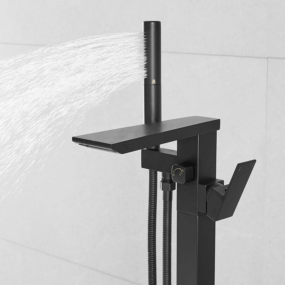 Matte Black Solid Brass Freestanding Tub Faucet with Handheld Shower