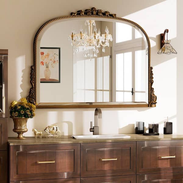 XRAMFY Antique Gold 36 in. W x 27 in. H Carved Arched PU Frame