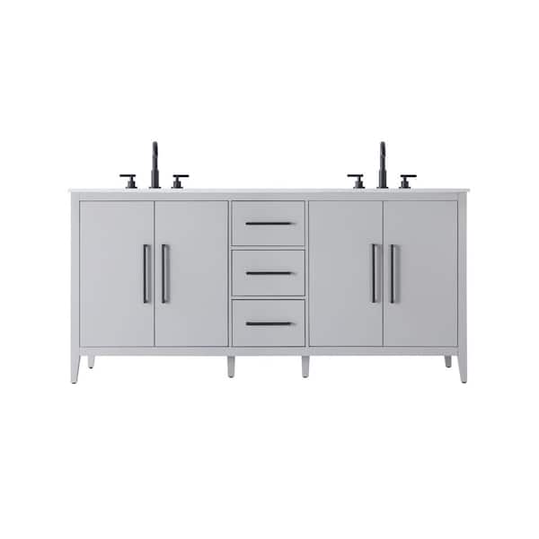 72 in. Double Sink Grey Bath Vanity with White Engineered Marble Top