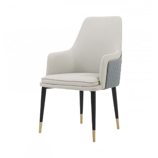 Benjara White and Gray Leather Diamond Pattern Stitching Dining Chair
