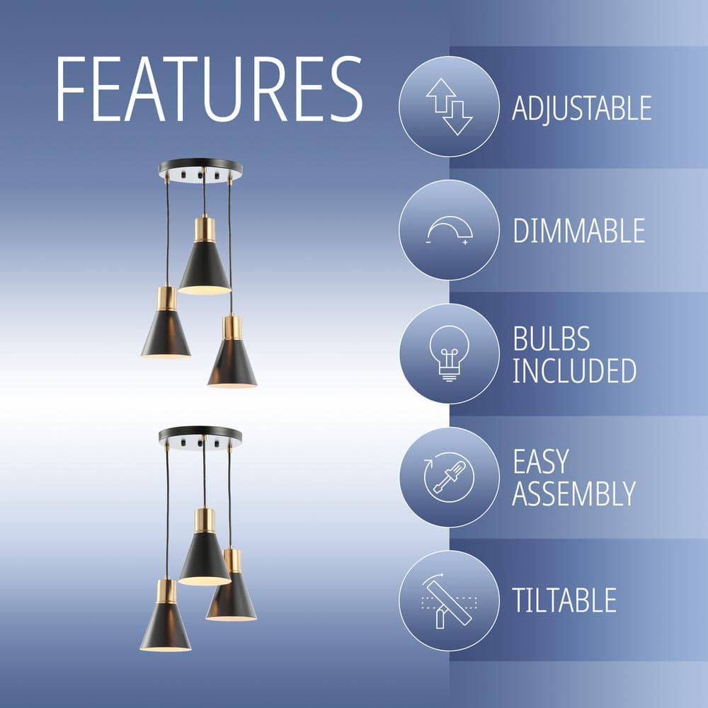 Apollo 15" Black and Brass Gold Metal Cluster LED Pendant Light