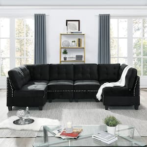 116 in. W Slope Arm 6-Piece Velvet U Shape Modular Sectional Sofa in Black