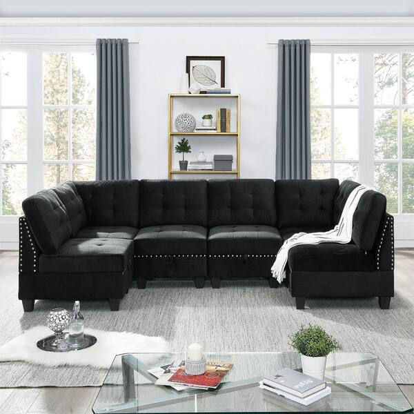 GOJANE 116 in. W Slope Arm 6-Piece Velvet U Shape Modular Sectional Sofa in Black