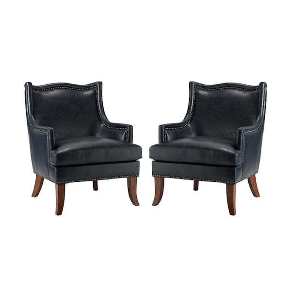 JAYDEN CREATION Laurenz Navy Faux Leather Arm Chair with Nailhead Trim (Set of 2)