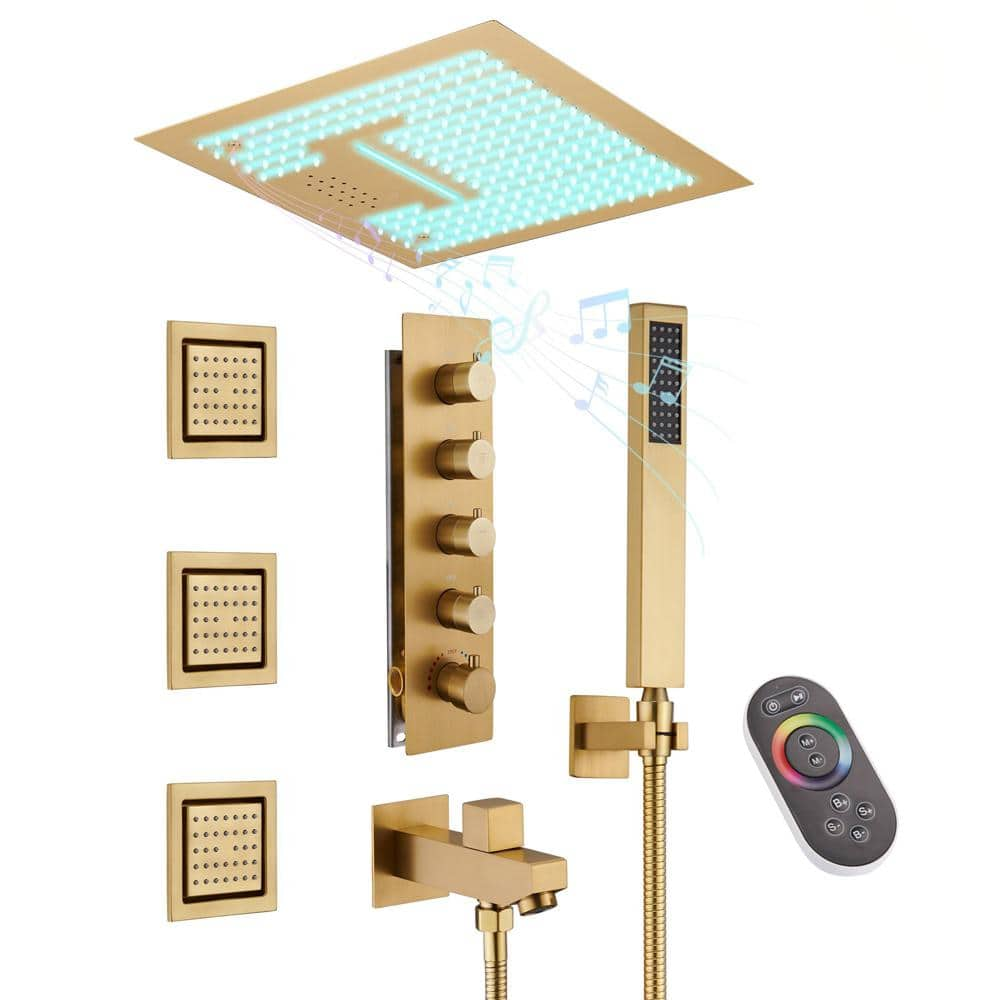 CASAINC LED Music 4-Spray Patterns Thermostatic 16 in. Ceiling Mount Rain Dual Shower Heads with 1.8 GPM 3-Jet in Brushed Gold