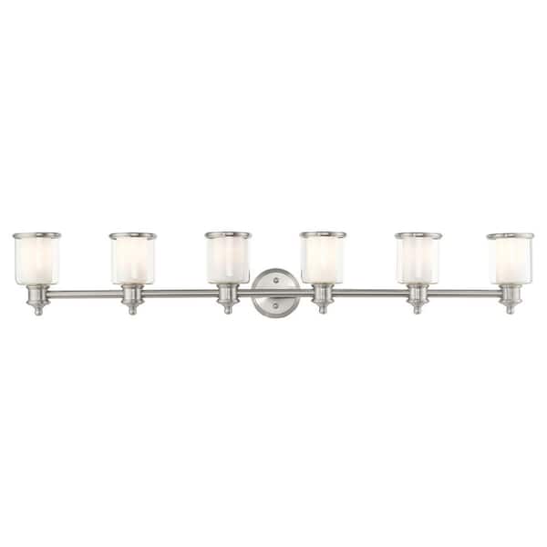 Bellington 55 in. 6-Light Brushed Nickel Vanity Light with Clear Outer Glass and Satin Opal Inner Glass