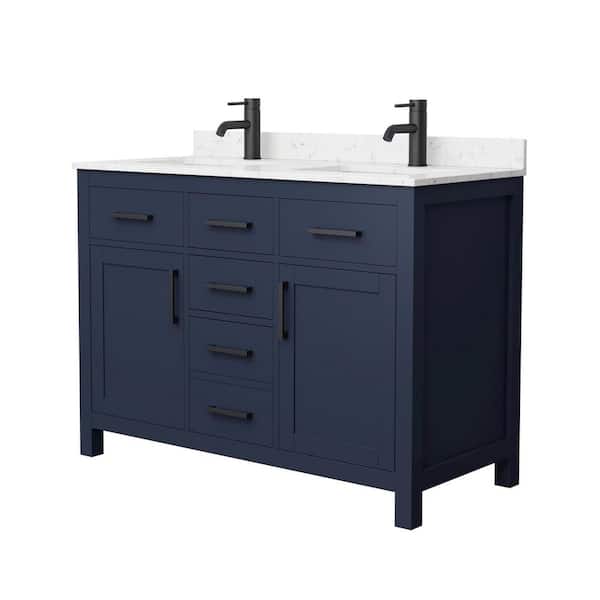 Wyndham Collection Beckett 48 in. W x 22 in. D x 35 in. H Double Sink Bathroom Vanity in Dark Blue with Carrara Cultured Marble Top