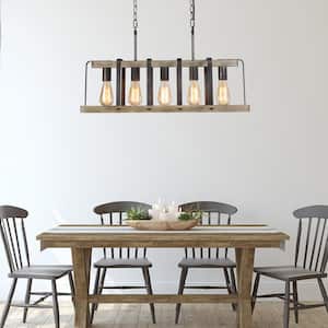 Rustic Farmhouse Antique Faux Wood Pendant 5-Light Brown Industrial Cage Island Chandelier with Brushed Silver Finish