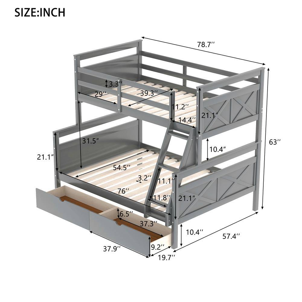 Gray Twin Over Full Pine Wood Bunk Bed with Storage Drawers
