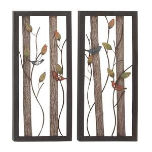Natural Tin and Wood Multi-Colored Birds on Vines Wall Plaques (Set of 2)