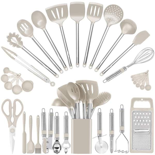 33-Piece Khaki Silicone Cooking Utensils Set with Stainless Steel Handle for Nonstick Cookware, Food grade