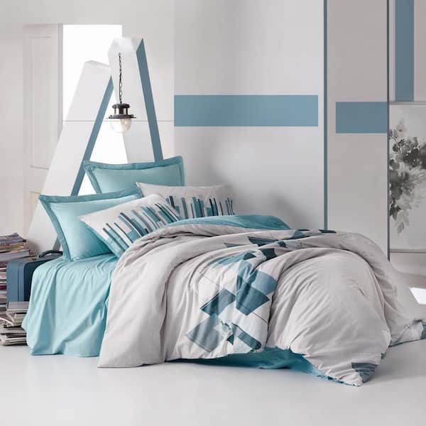 Light Gray Cubes Duvet Cover Set : Teal, Queen Size Duvet Cover, 1 Duvet Cover, 1 Fitted Sheet and 2 Pillowcases