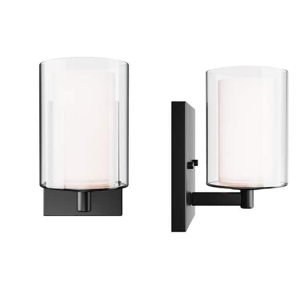 5 in. W 2-Lighs Black Wall Sconce with Double Clear Glass Shade, Vanity Light for Bathroom, E26, No Bulbs Included