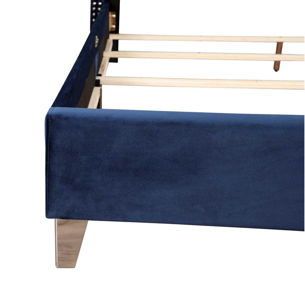 Navy Blue Velvet Tufted Upholstered Queen Bed with Nailhead Trim
