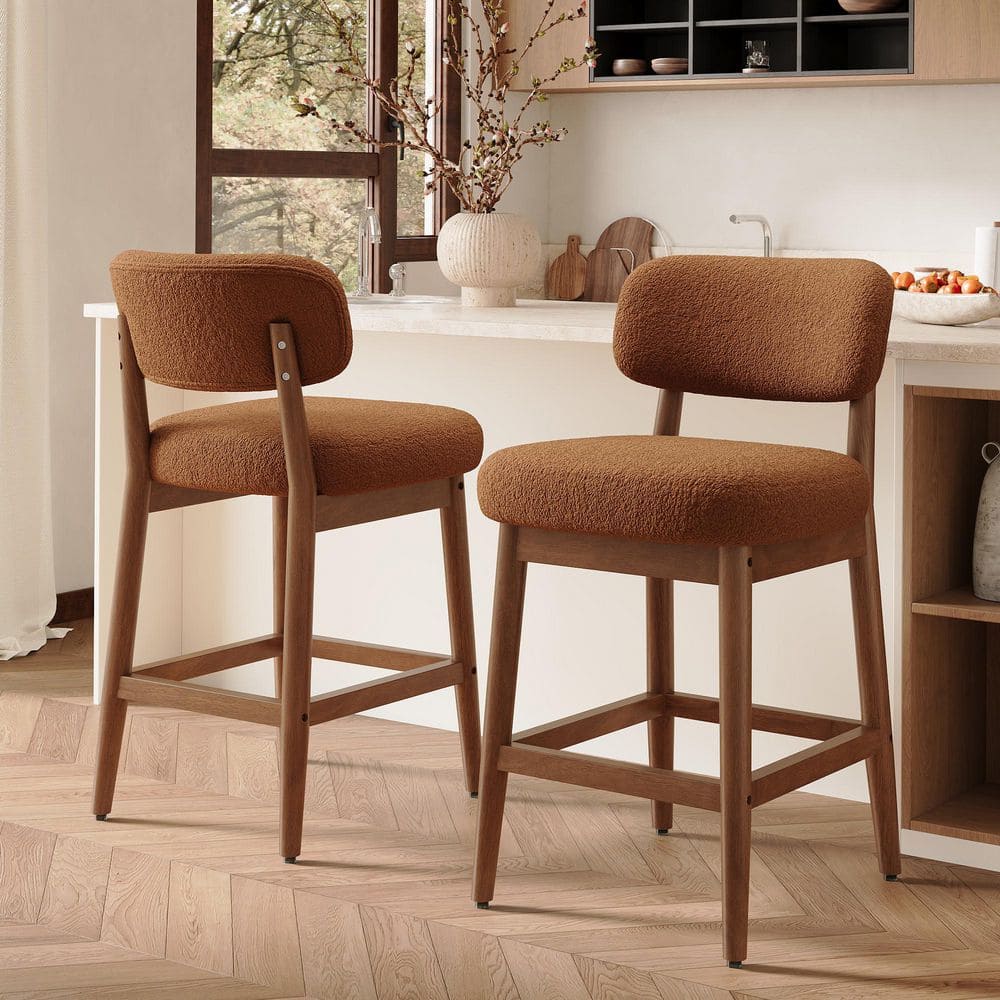 スツール Klokken Stool HOMEFUN 25 in. H Brown Boucle Fabric Solid Wood Frame Bar Stool