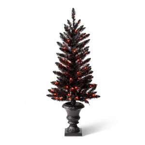 48 in. H Lighted Black PVC Tips Porch Tree with 100 LED Orange Lights
